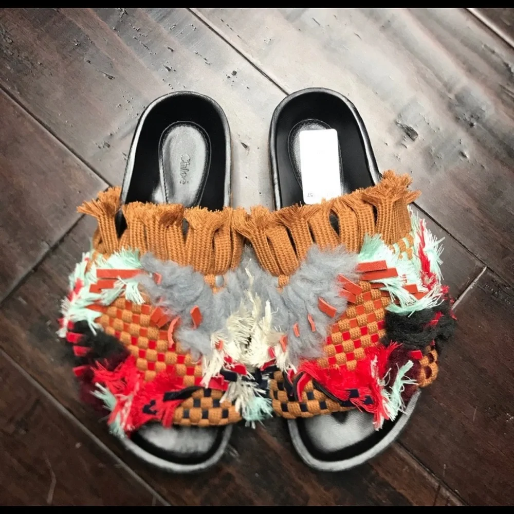Chloe Kerenn Woven Leather Fringe Sandal Slide - Picture 4 of 11